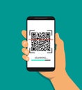 Hand scanning QR code in mobile phone. Barcode, qrcode scanning in app of smartphone. Scan ID payment in phone. Flat online