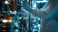 Hand of a scientist fine-tuning a carbon capture device, highlighting advanced technology actively combating carbon