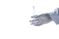 Hand scientist wearing rubber gloves and hold Erlenmeyer flasks isolated on white Royalty Free Stock Photo
