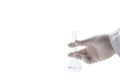 Hand scientist wearing rubber gloves and hold 50 ml. Erlenmeyer flasks isolated Royalty Free Stock Photo