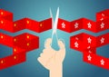 Hand with scissors cut flag paper chain of China and Hong Kong, Protest extradition legal problem concept poster and social banner Royalty Free Stock Photo