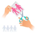 Hand with a scissors cuts out paper people chain. Royalty Free Stock Photo