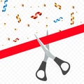 Hand scissors cutting red ribbon. Grand opening concept. Vector Illustration Royalty Free Stock Photo