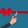 Hand scissors cutting red ribbon. Grand opening concept. Vector Illustration Royalty Free Stock Photo