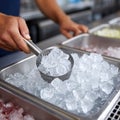 Hand scooping ice cubes in a metal container in a kitchen. Royalty Free Stock Photo