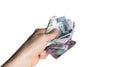 Scottish money hand - bribery, pay cash, giving money, corruption concept