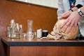 Hand with scull on lab background Royalty Free Stock Photo