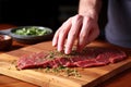 hand seasoning a raw steak on a board