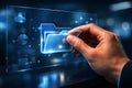 Hand selecting digital folder icon on futuristic interface Royalty Free Stock Photo