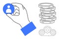 Hand Selecting User Icon with Stacked Coins and Gears Symbolizing Business and Process Optimization Royalty Free Stock Photo