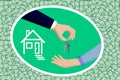 Hand in a suit gives house keys after the sale of real estate. Buying a property for sale. Vector horizontal Royalty Free Stock Photo