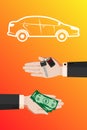 Hand in suit gives car keys after sale. Buying a property for sale. Vector vertical