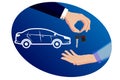 Hand of the seller in a suit gives the car keys to the buyer after the sale. Vector horizontal orientation