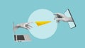 Hand sending paper airplane from a notebook to smartphone. Sending letters and notifications. E-mail and chat messages