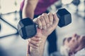 Hand of senior man. Holding weight. Man workout in the Royalty Free Stock Photo