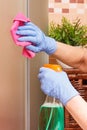 Hand of senior woman cleaning glass shower using pink microfiber cloth and detergent, household duties concept Royalty Free Stock Photo