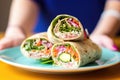 hand serving a gyro wrap on a brightly colored plate