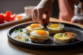 hand setting down a toasted english muffin with eggs on a breakfast tray