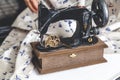 Hand sewing machine and hand of seamstress closeup Royalty Free Stock Photo