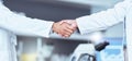 Hand shake, partnership and lab scientist, people or team work, collaboration and cooperation on medical science Royalty Free Stock Photo