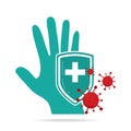 Hand and shield using antibacterial, virus icon, hygiene, medical illustration