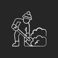 Hand shoveling chalk white icon on black background