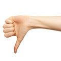 Hand show dislike or negative isolated on white. Female thumb show sign disapproval or unlike closeup. Women palm finger