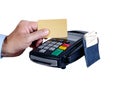 Hand showing credit card and Card reader machine Royalty Free Stock Photo