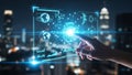 Hand Interacting with Glowing Blue Digital Global Network Interface Over Cityscape Royalty Free Stock Photo