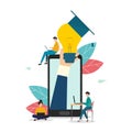 Hand showing light bulb with university cap from smartphone and people with gadgets. Vector illustration in flat style