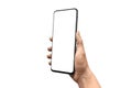 Hand showing modern smartphone without camera. Isolated background and screen for app presentation, mockup Royalty Free Stock Photo