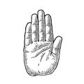 Hand showing stop gesture. Front view. Vector monochrome vintage engraving