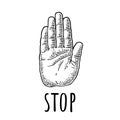Hand showing stop gesture. Front view. Vector monochrome vintage engraving