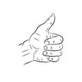 Hand showing symbol Like. Making thumb up gesture. Vector black illustration isolated on a white background. Sign for Royalty Free Stock Photo