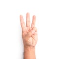 Hand showing three finger symbol on white