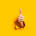 Hand showing a thumb up sign through a ripped hole in yellow paper background. Royalty Free Stock Photo