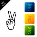 Hand showing two finger icon isolated on white background. Victory hand sign. Set icons colorful square buttons Royalty Free Stock Photo