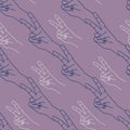 Hand showing two finger icon seamless pattern. Victory symbol. Silhouette purple and white contour on a purple background Royalty Free Stock Photo