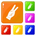 Hand showing victory sign icons set vector color Royalty Free Stock Photo