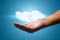 Hand shows a data cloud with a protective shield Royalty Free Stock Photo