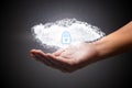 Hand shows a data cloud with a protective shield Royalty Free Stock Photo