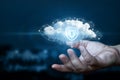 Hand shows a data cloud with a protective shield. Royalty Free Stock Photo
