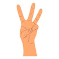 Hand shows finger number three. Gesture. Shows the number three with the fingers of the hand. Vector illustration in Royalty Free Stock Photo