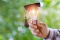 Hand shows light bulb in the cap academic . Royalty Free Stock Photo