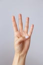 The hand shows the number four. Countdown gesture or sign. Sign language