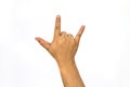 Hand shows the rock and roll sign or I love you sign