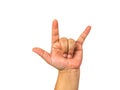 Hand shows the rock and roll sign or I love you sign