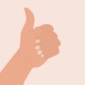 Hand shows thumb up. Symbol of praise, approval, feedback, good work. Icon of hand with bent fingers and raised thumb. Flat vector Royalty Free Stock Photo