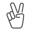 Hand shows victory sign line icon, hand gestures concept, victory sign on white background, Peace hand gesture icon in Royalty Free Stock Photo