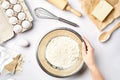 Hand sift flour. Bakery prepare for make cake. Top view